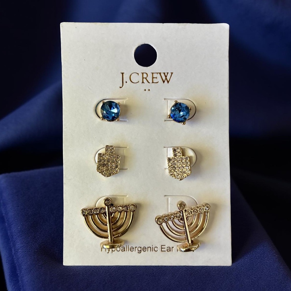 NWT J.Crew Gold, Crystal, and Blue Mixed Metal Hanukkah Earrings
